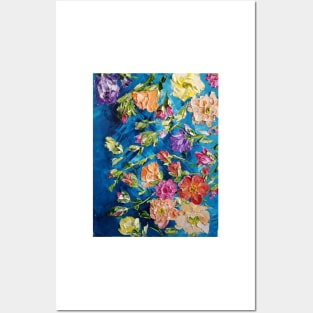 Teal with Bright Colorful Flowers, Flowers on Teal Painting, Bright bold colorful flowers, color pop decor, colorful artwork, floral decor Posters and Art